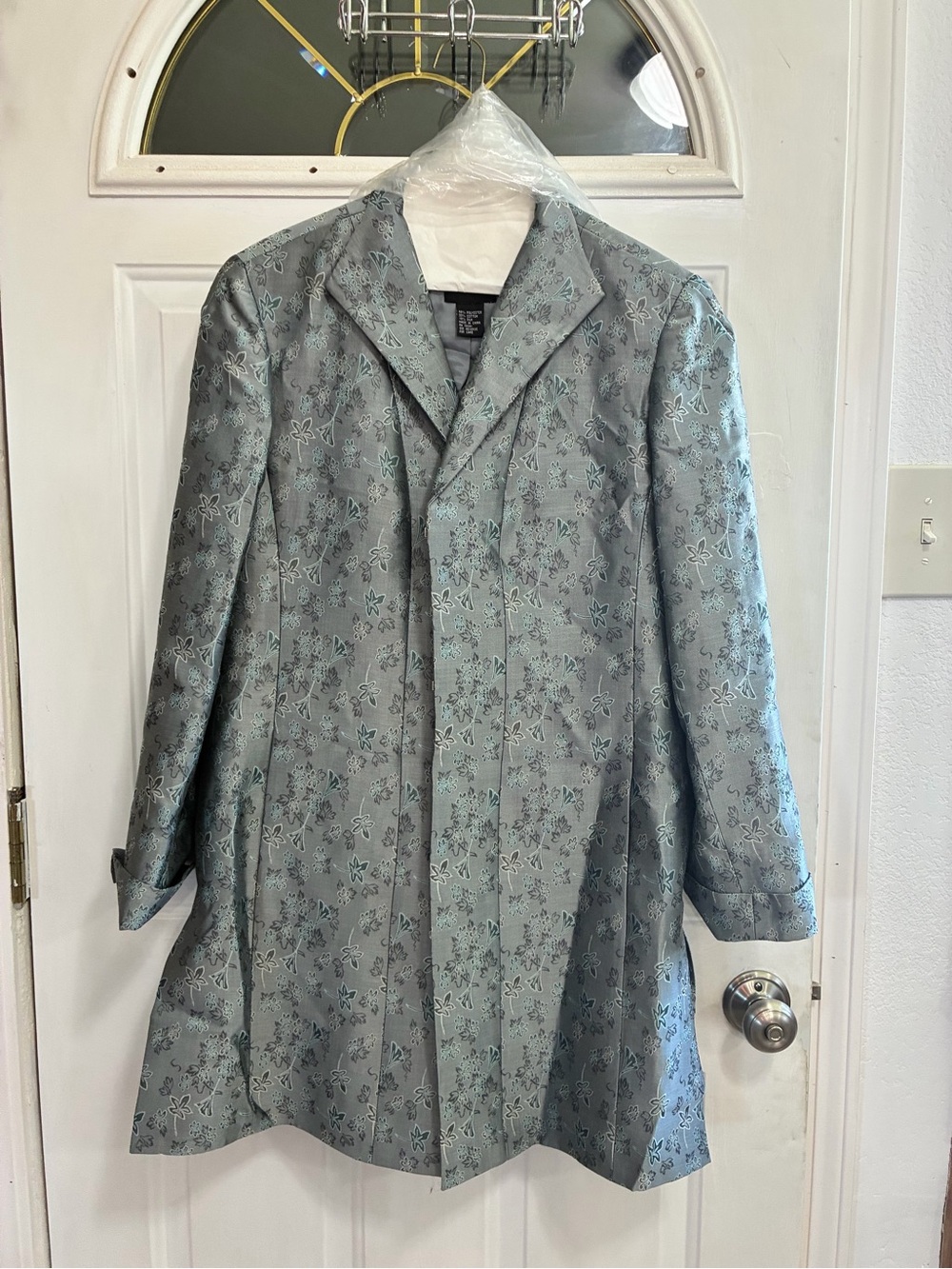 DD Collection Blue Floral Brocade Trench Coat